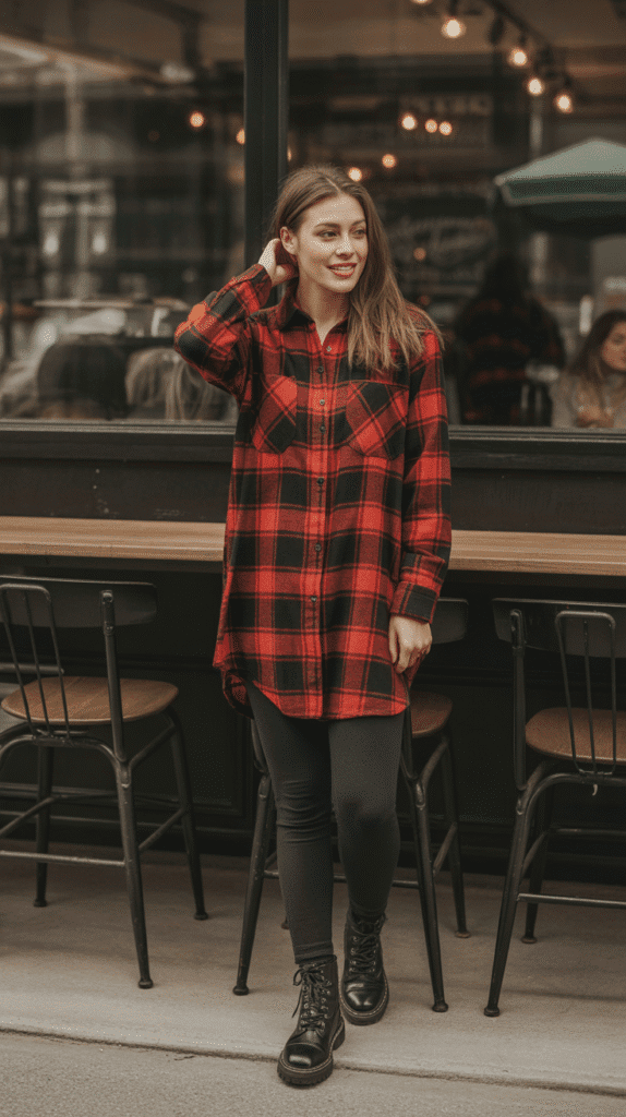 24 Elegant Winter Dress Outfits for Women for Every Occasion 5 Plaid Shirt Dress with Leggings and Combat Boots