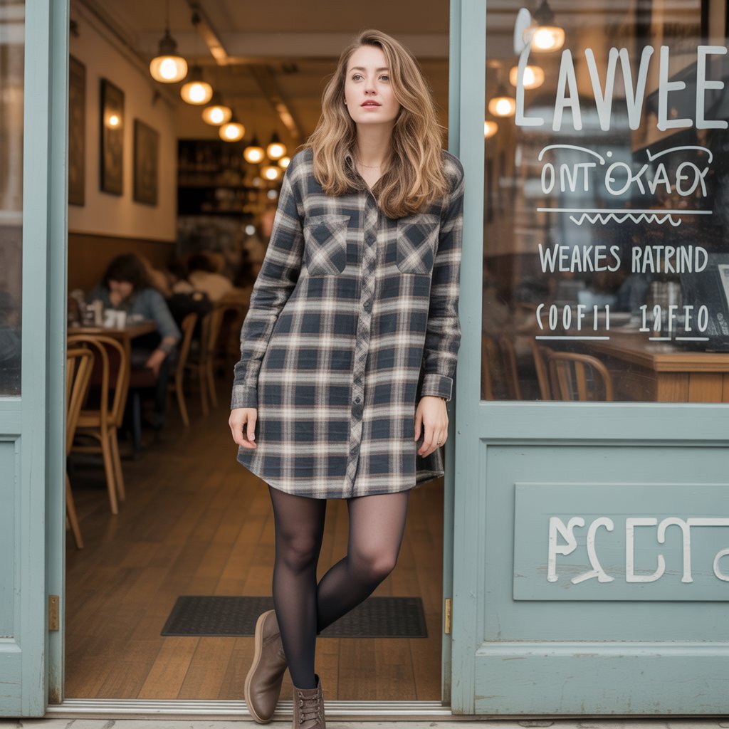 40 Winter Outfit Ideas for Women to Stay Warm and Stylish 31 Flannel Shirt Dress with Tights and Boots