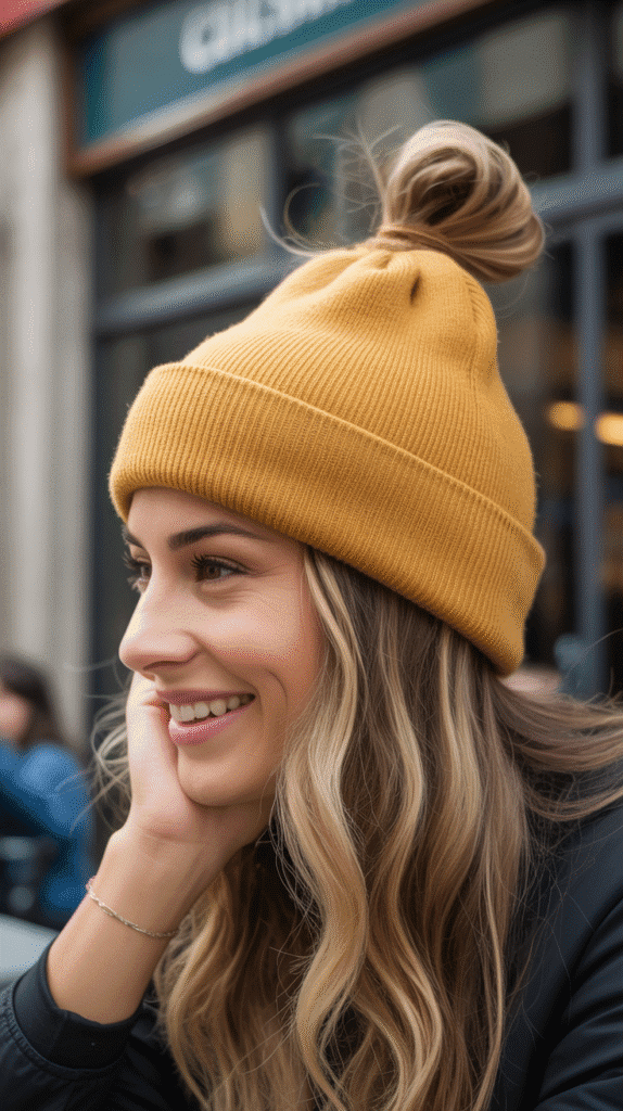 33 Cozy Cute Winter Hairstyles with Beanies 16 Messy Top Knot with Oversized Beanie