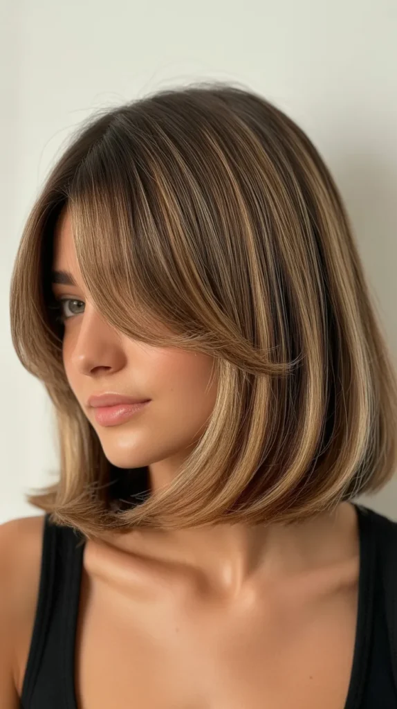  Long Bob with Curtain Bangs and Lived-In Roots