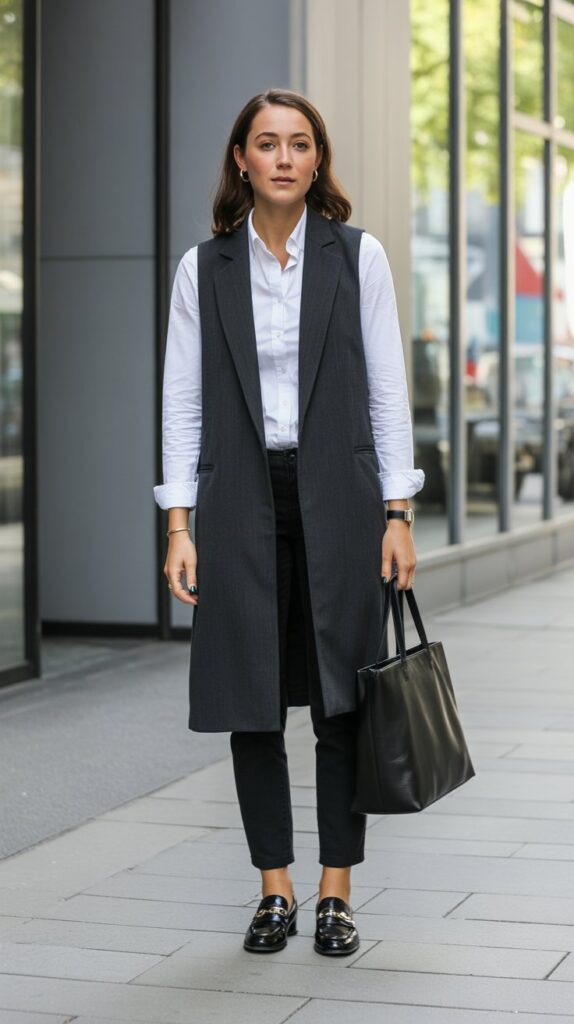 33 Best Casual Fall Outfits for Women at Work 20 Longline Vest with Button-Down and Pants