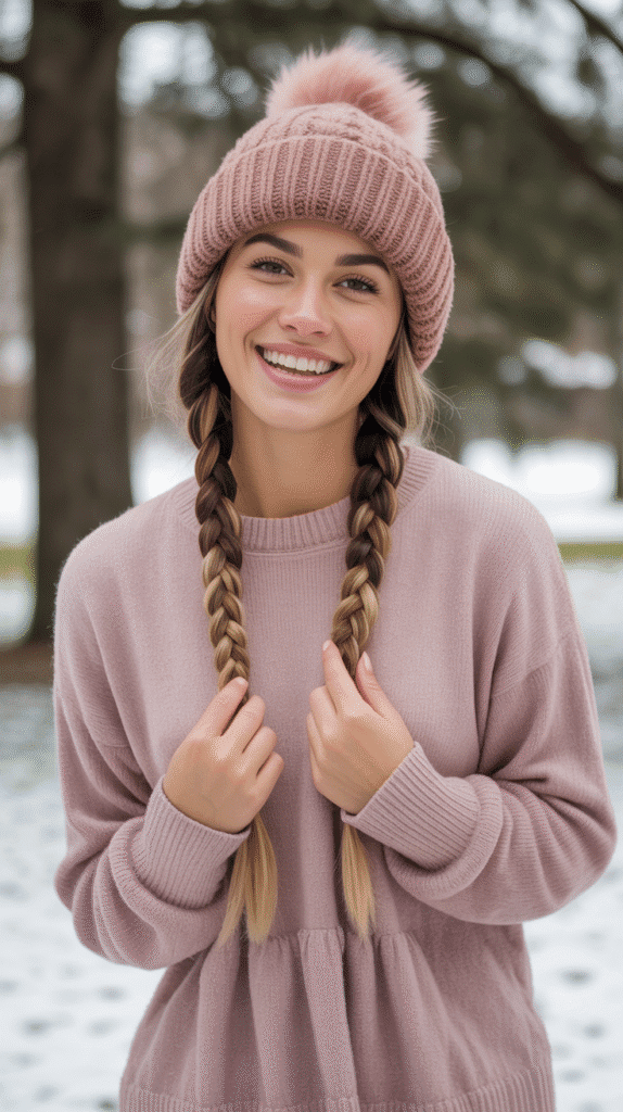 33 Cozy Cute Winter Hairstyles with Beanies 26 Braided Pigtails with Slouchy Beanie