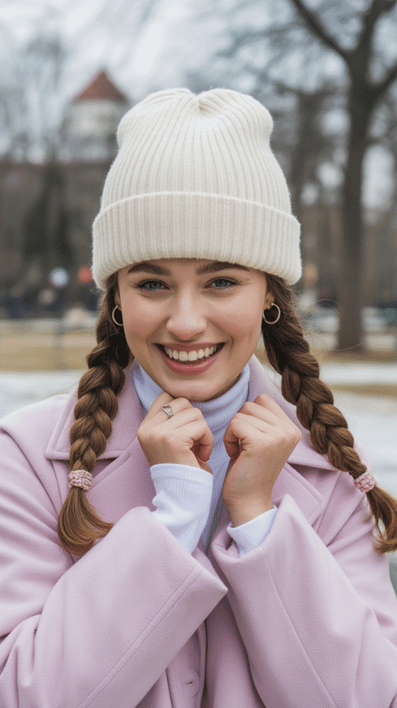 33 Cozy Cute Winter Hairstyles with Beanies 5 Low Pigtails with Oversized Beanie