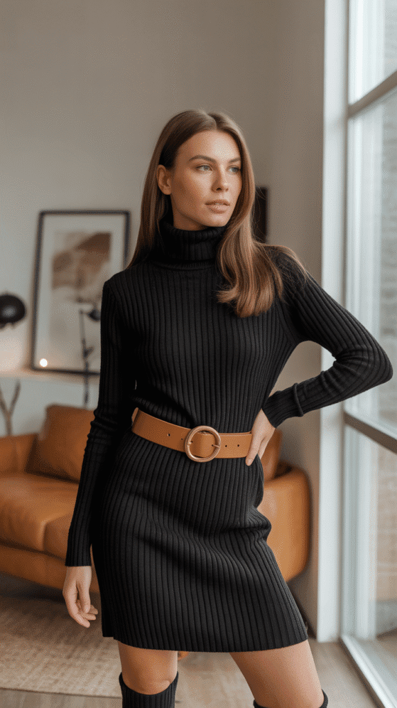 24 Elegant Winter Dress Outfits for Women for Every Occasion 15 Turtleneck Sweater Dress with Wide Belt