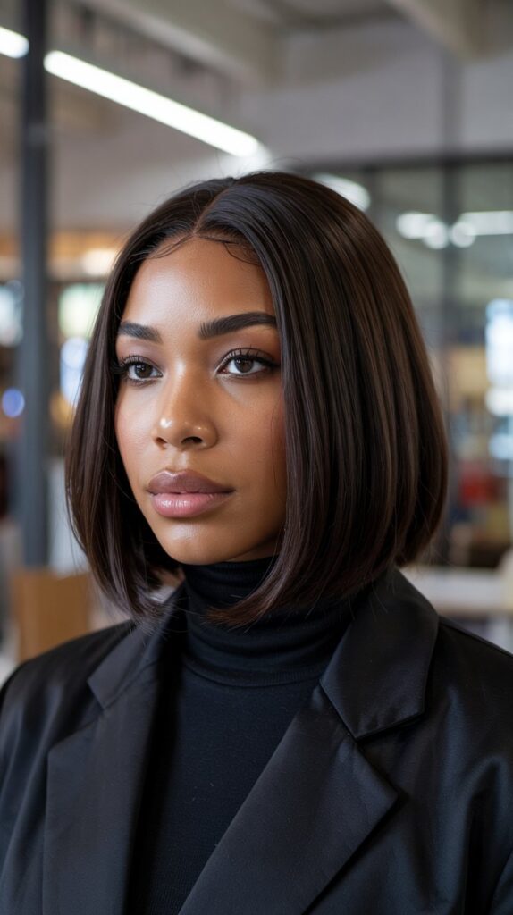 27 Chic Cute Winter Hairstyles for Black Women 27 Bob-Length Wig with Blunt Cut