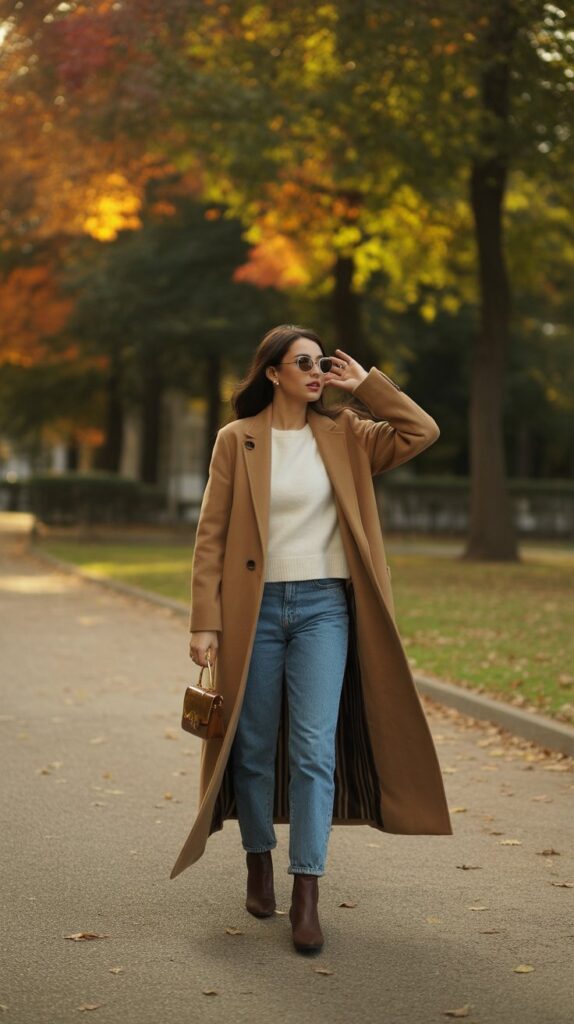30 Best Casual Fall Outfits for Women 2025 8 Camel Coat with Jeans and Ankle Boots