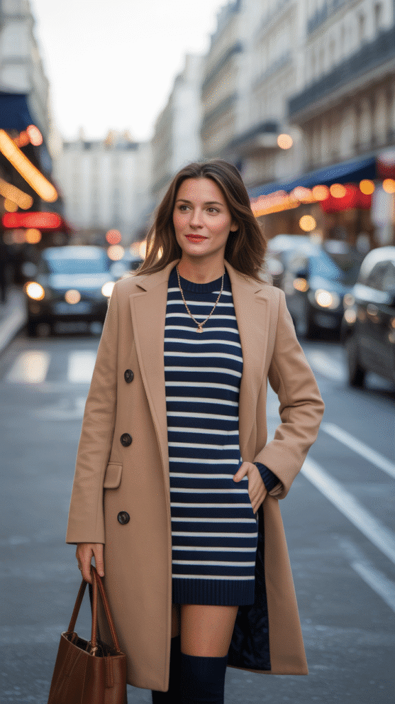 24 Elegant Winter Dress Outfits for Women for Every Occasion 20 Striped Sweater Dress with Coat