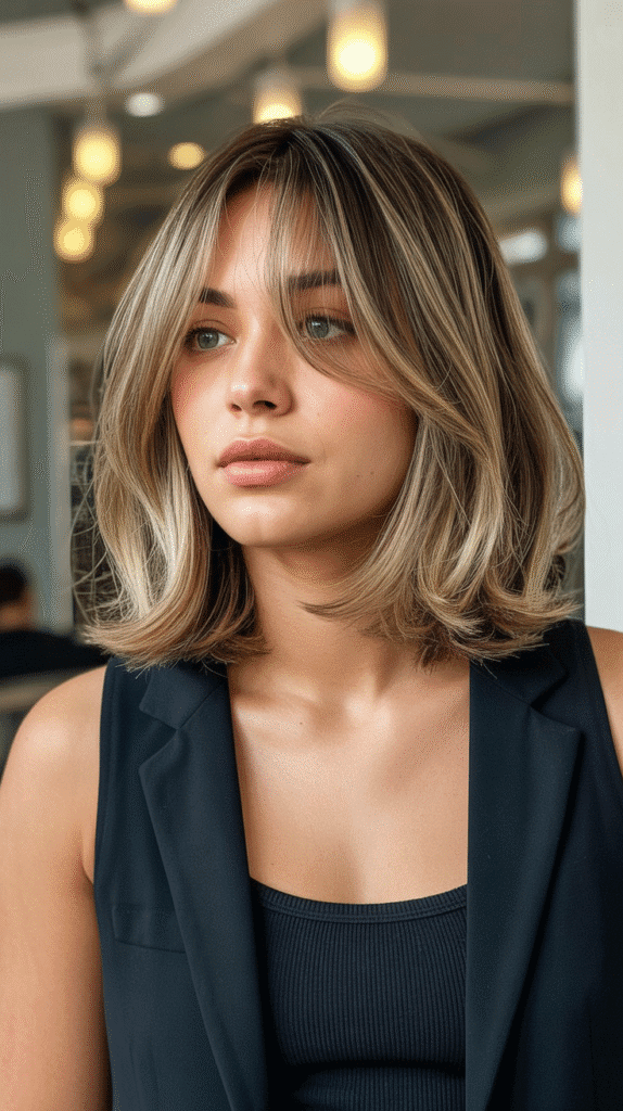 Choppy Layered Bob with Long Curtain Bangs