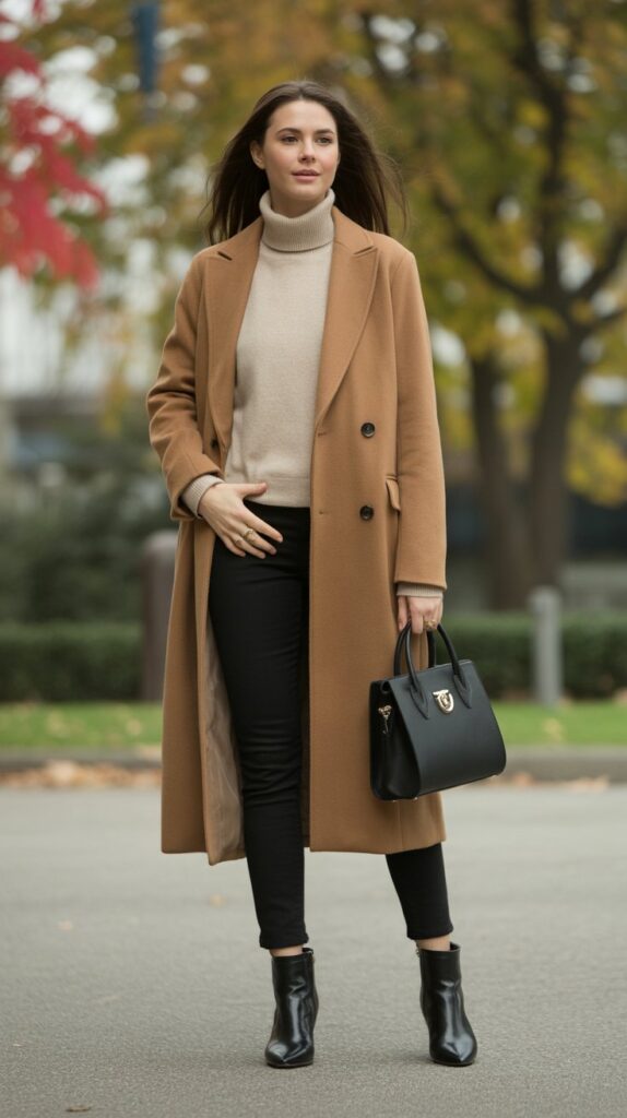 33 Best Casual Fall Outfits for Women at Work 12 Camel Coat over Neutral Basics
