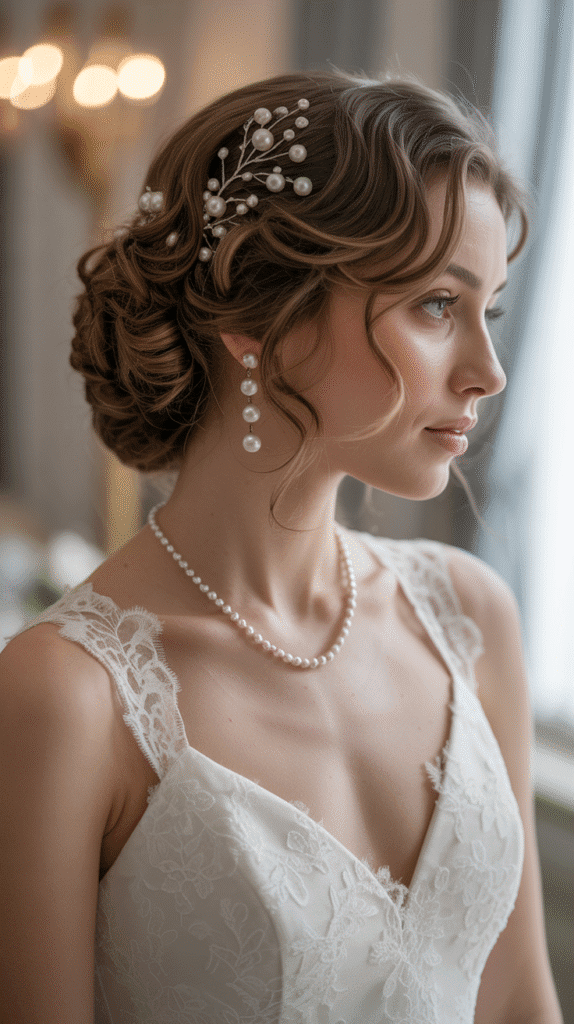 Best 33+ Updo Wedding Hairstyles for Curly Hair 32 Curly Updo with Pearl Accents