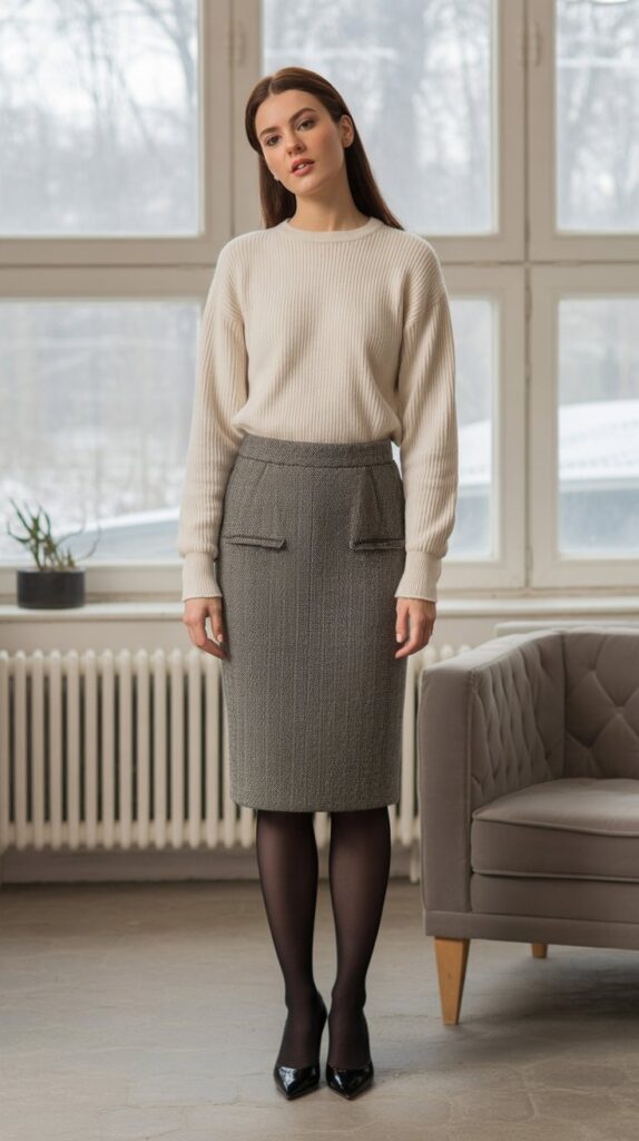 20 Stylish Winter Skirt Outfits for Women That Are Warm Yet Trendy 3 Wool Pencil Skirt with Cashmere Sweater