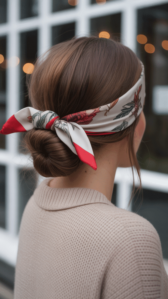 33 Easy and Simple Cute Winter Hairstyles 1 Classic Low Bun with Scarf Wrap