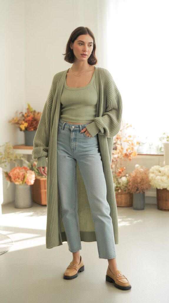 30 Best Casual Fall Outfits for Women 2025 13 Cardigan Set with Straight-Leg Jeans