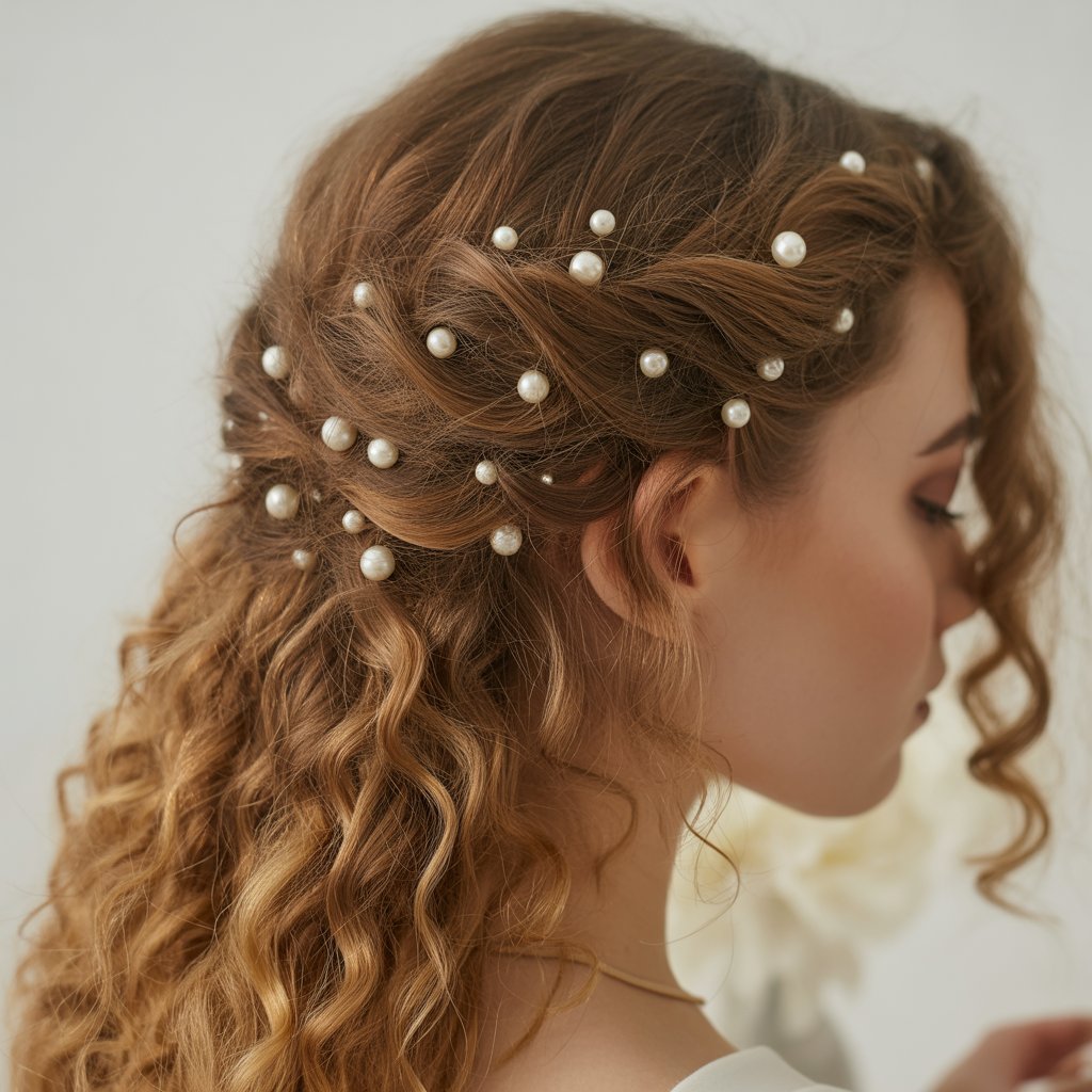 33 Modern Half Up Half Down Curly Hair Ideas That Will Turn Heads on Any Occasion 13 Pearl-Embellished Half Up