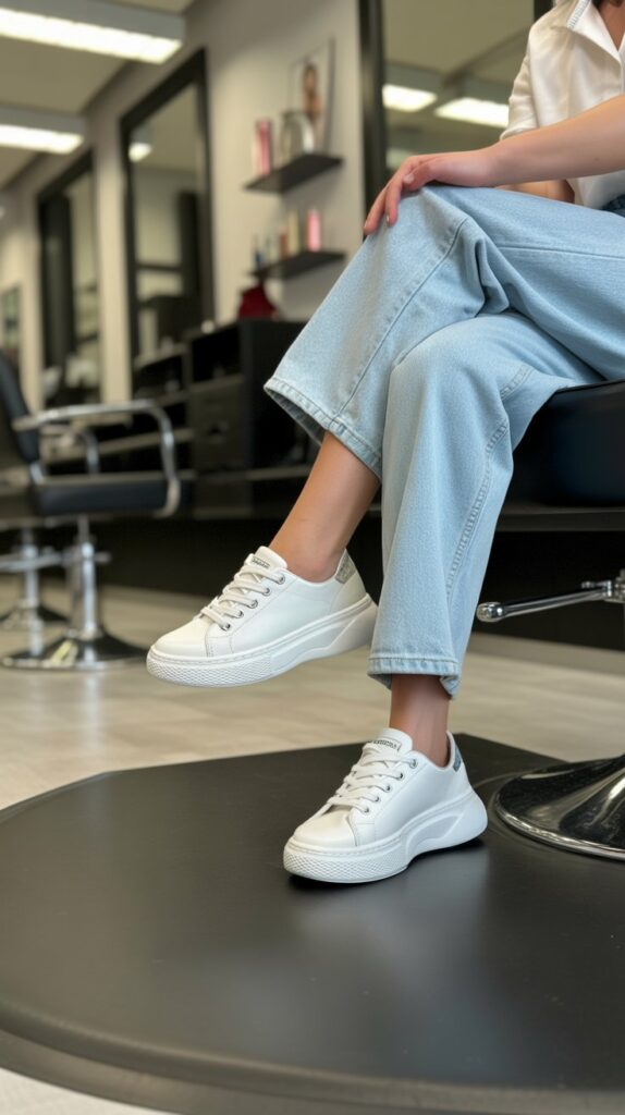 33 Fresh Hairstylist Outfits for Work in Spring 14 White Sneakers with Everything