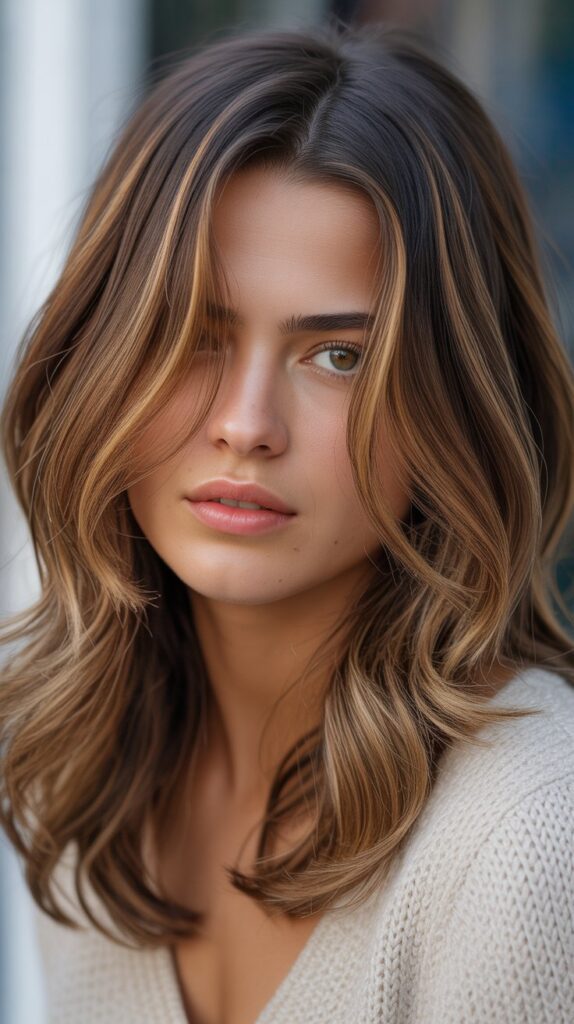 30 Caramel Highlights on Layered Brown Hair 1 Classic Face-Framing Caramel Highlights