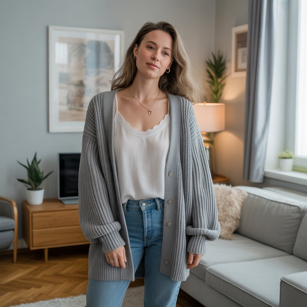 40 Winter Outfit Ideas for Women to Stay Warm and Stylish 36 Chunky Cardigan Over Camisole and Jeans