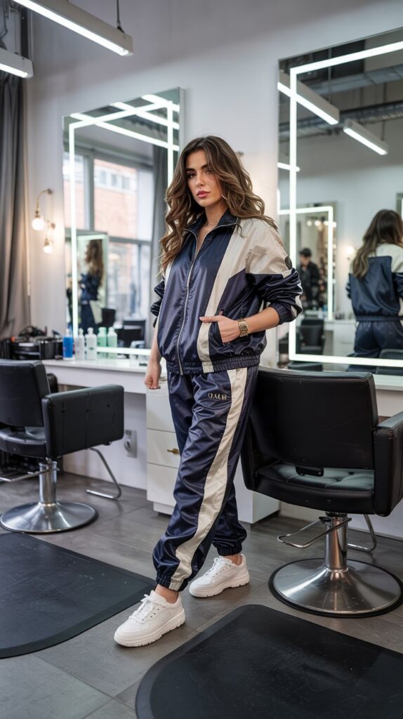 27 Trendy Baddie Hairstylist Outfits for Work 26 Color-Block Tracksuit