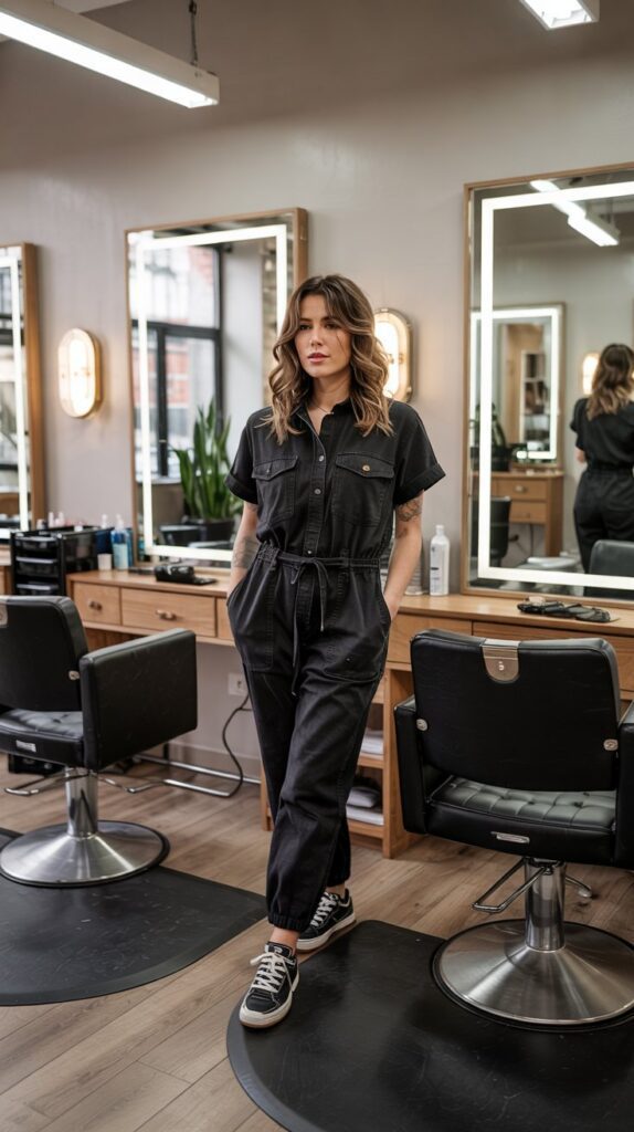 Black Jumpsuit with Black Sneakers