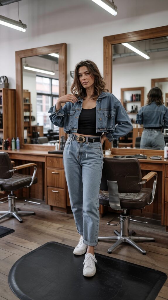 27 Trendy Baddie Hairstylist Outfits for Work 15 Denim-on-Denim with Statement Belt