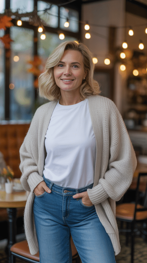 30 Stylish Casual Fall Outfits for Women Over 40 4 Oversized Cardigan with White Tee and Jeans
