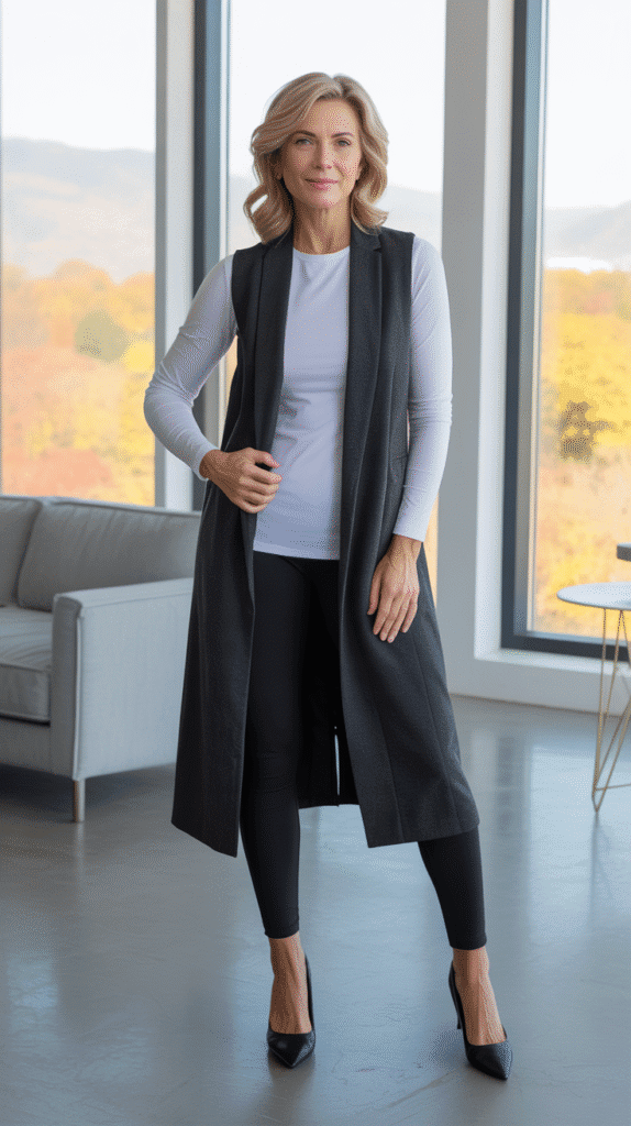 30 Stylish Casual Fall Outfits for Women Over 40 8 Long Vest Over Long-Sleeve Top