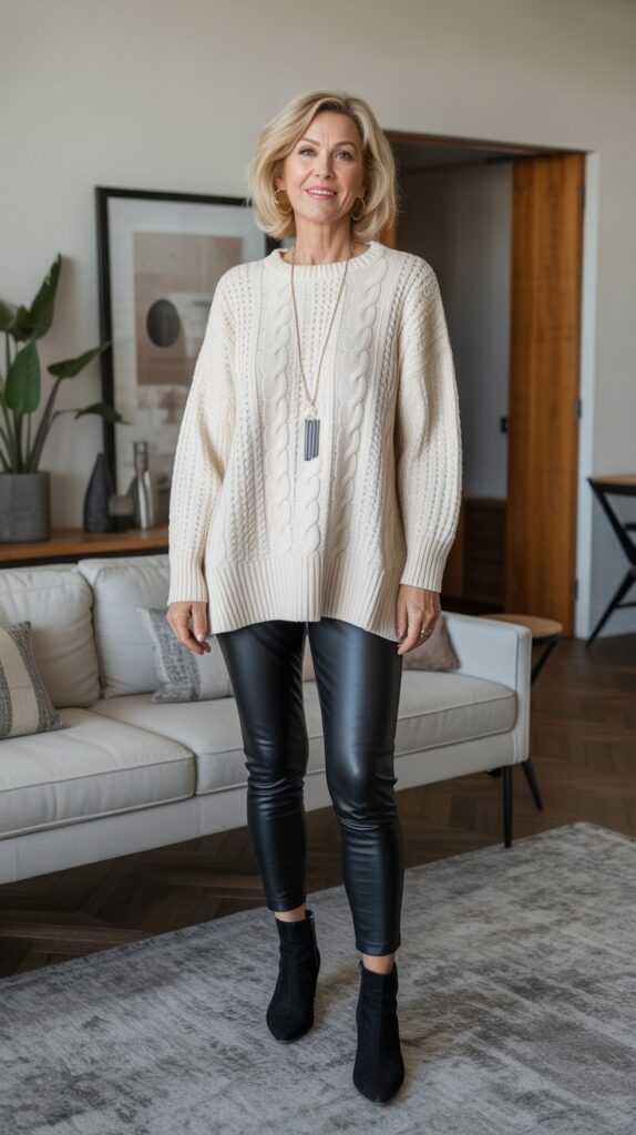 30 Fabulous Winter Outfits for Women Over 50 That Radiate Confidence 10 Oversized Sweater with Leather Leggings