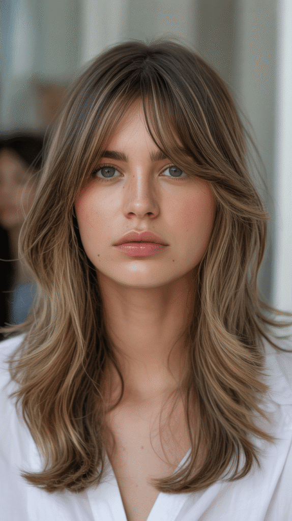 Top 27+ Slimming Hairstyles For Round Faces to Boost Confidence 22 Long Layers with Curtain Bangs