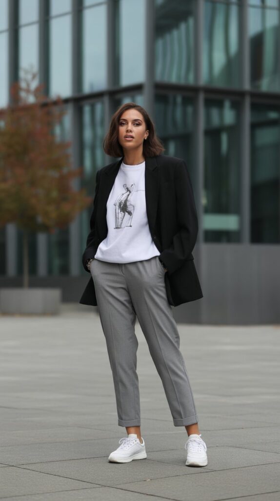 30 Best Casual Fall Outfits for Women 2025 27 Blazer with Graphic Sweatshirt and Tailored Pants