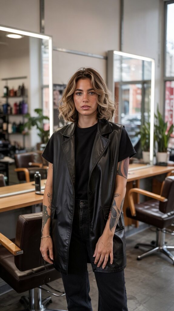 . Black Longline Vest with Black T-Shirt and Jeans