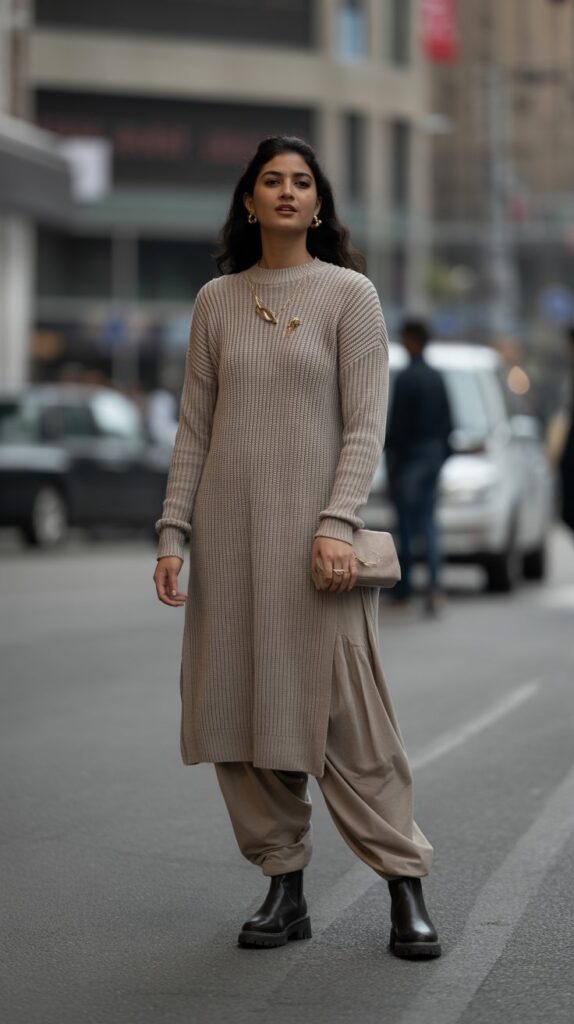 22 Gorgeous Indian Winter Outfits for Women You'll Love 12 Sweater Dress Over Churidar