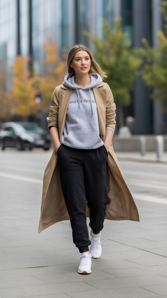 30 Best Casual Fall Outfits for Women 2025 11 Trench Coat with Hoodie and Jogger