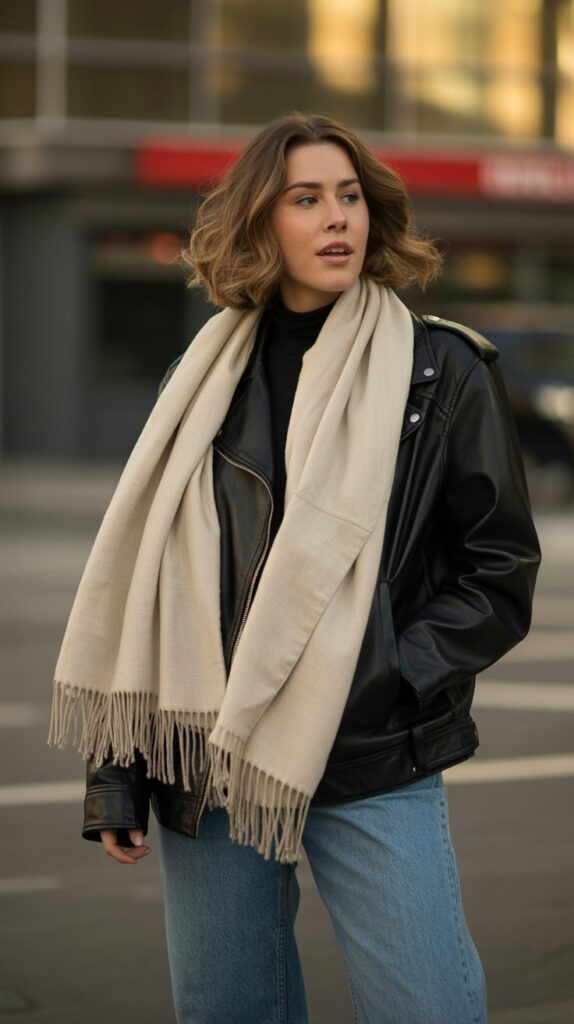 40 Winter Outfit Ideas for Women to Stay Warm and Stylish 19 Leather Jacket with Chunky Scarf and Jeans