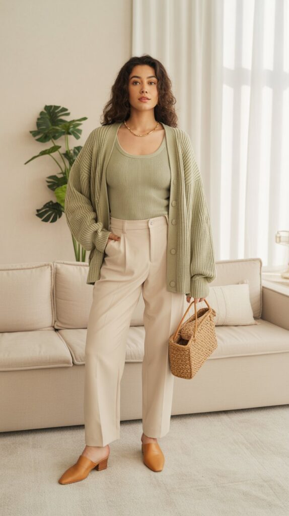 33 Best Casual Fall Outfits for Women at Work 5 Cardigan Set with Tailored Trousers