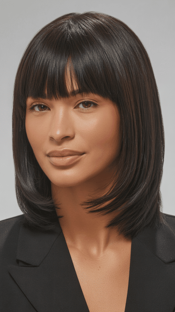 Sleek Long Bob with Curtain Bangs and Middle Part