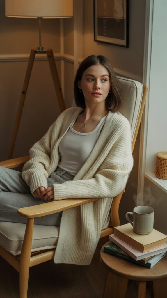 26 Aesthetic Self Care Sunday Outfit Inspirations 7 Cozy Cardigan Over Simple Basics