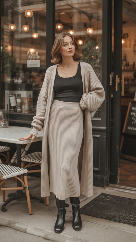 20 Stylish Winter Skirt Outfits for Women That Are Warm Yet Trendy 6 Knit Midi Skirt with Matching Cardigan Set