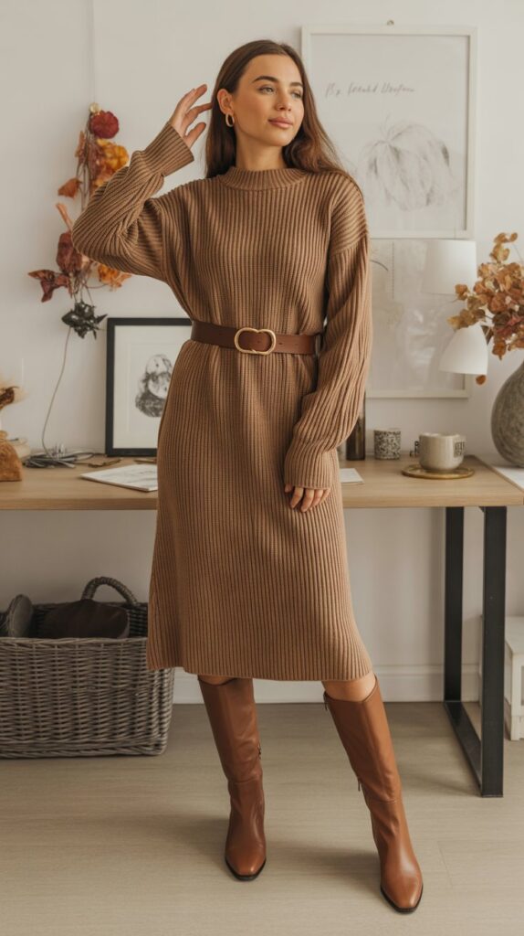 33 Best Casual Fall Outfits for Women at Work 3 Midi Sweater Dress with Knee-High Boots