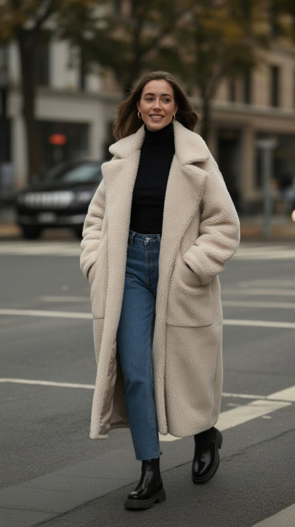 30 Best Casual Fall Outfits for Women 2025 26 Teddy Coat with Jeans and Chelsea Boots
