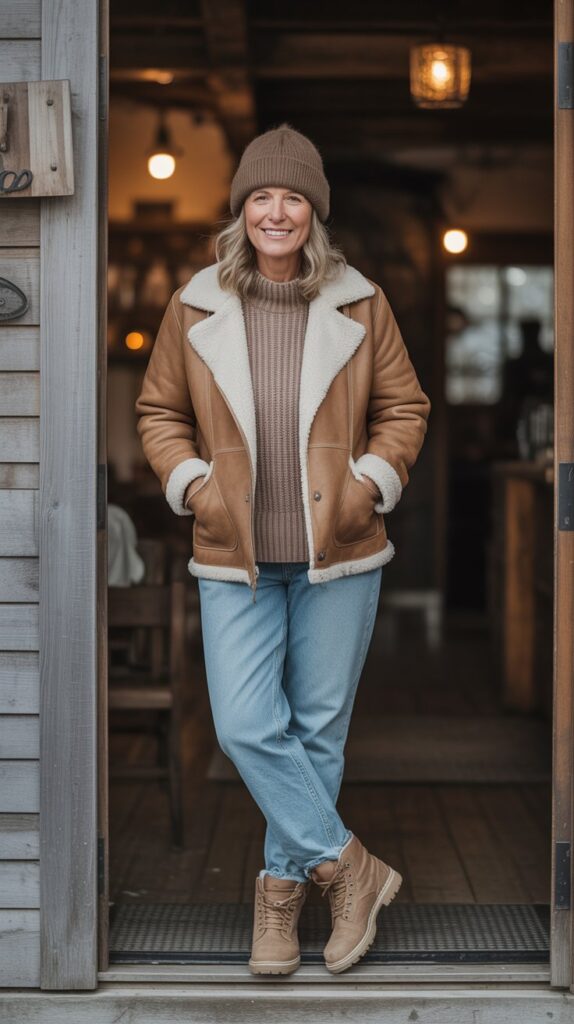 30 Fabulous Winter Outfits for Women Over 50 That Radiate Confidence 26 Shearling-Lined Jacket Warmth