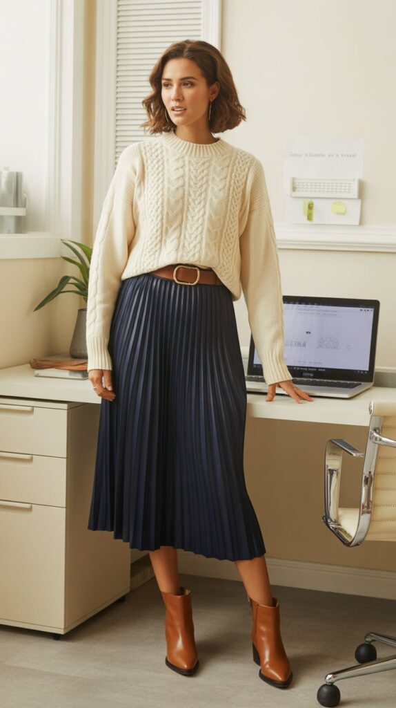 33 Best Casual Fall Outfits for Women at Work 21 Cable Knit Sweater with Midi Skirt