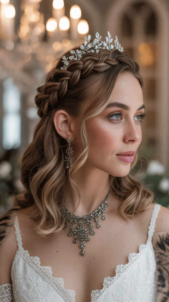 33 Beautiful Cute Winter Hairstyles for Medium Hair 24 Braided Crown Updo