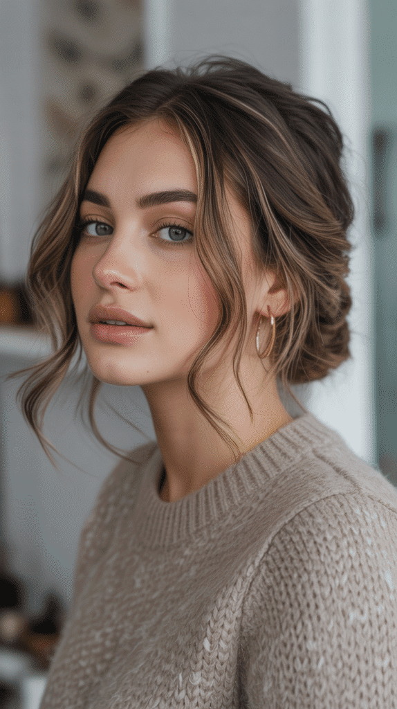33 Beautiful Cute Winter Hairstyles for Medium Hair 2 Textured Low Bun with Face-Framing Pieces