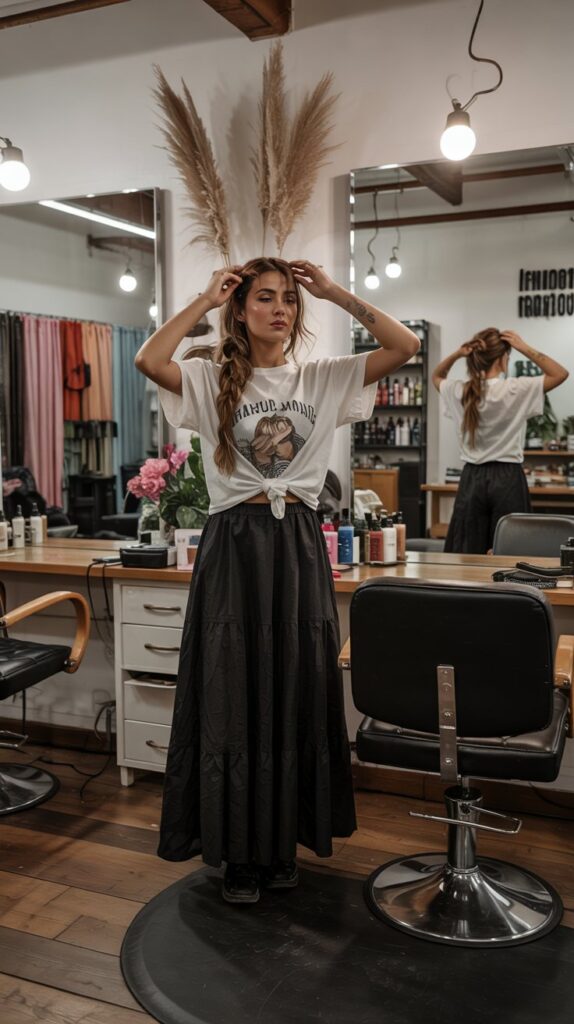 33 Polished Summer Hairstylist Outfits for Work 14 Maxi Skirt with Tucked Graphic Tee