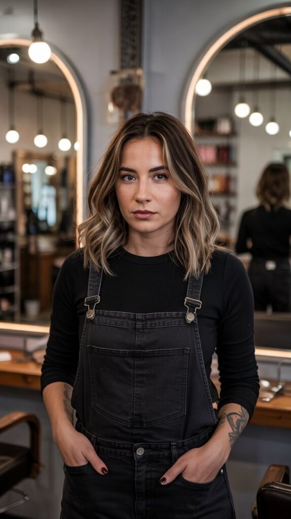 Black Denim Overalls with Black Long-Sleeve Shirt