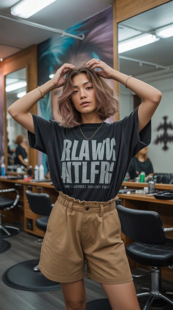 33 Chic Hairstylist Outfits for Work This Summer 11 Graphic Tee with Paper Bag Waist Shorts