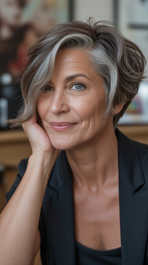 Top 32+ Short Hairstyles for Round Face Thin Hair Over 50 18 Side-Swept Pixie Bob Hybrid