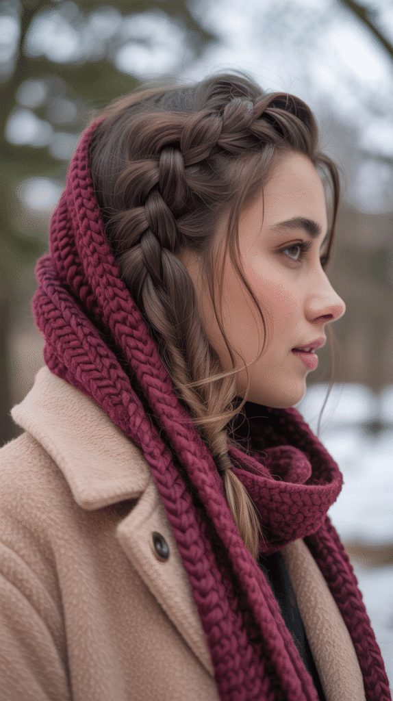 30 Adorable Cute Winter Hairstyles with Braids 30 Braided Scarf Updo
