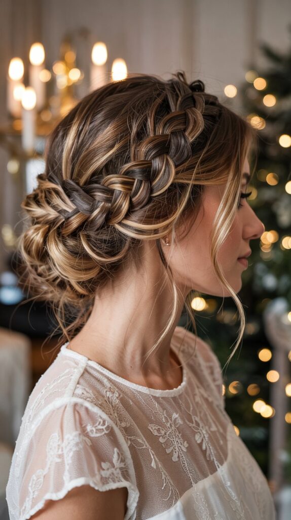 . Crown Braid Updo with Caramel Balayage