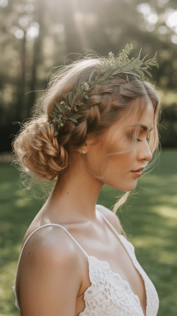 Best 33+ Updo Wedding Hairstyles for Curly Hair 3 Voluminous Crown Braid with Curly Bun